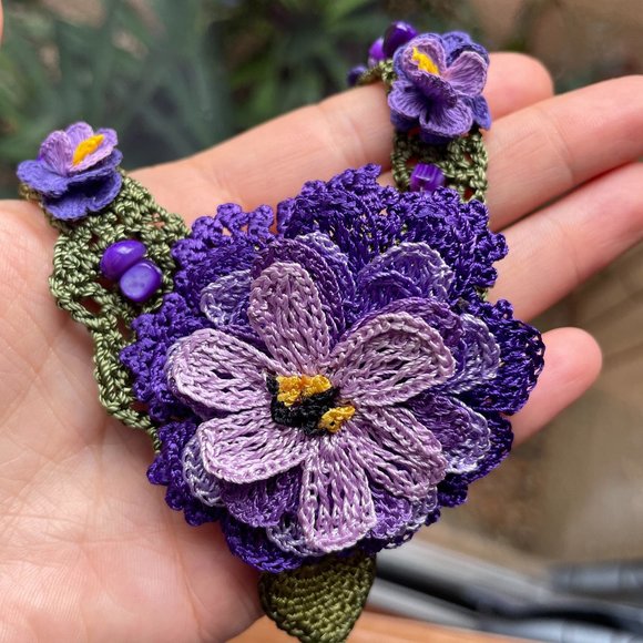 Purple, Crochet Amethyst Necklace, Flower Bib Necklace, Statement Neck Accessory - Picture 3 of 10